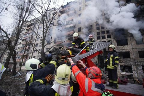 The consequences of the artillery fire at a high-rise building in Obolon in Kyiv