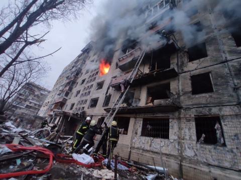 The consequences of the artillery fire at a high-rise building in Obolon in Kyiv