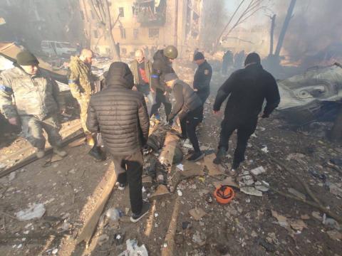 A fire broke out in a residential building in Kyiv's Podilskyi district as a result of a downed missile