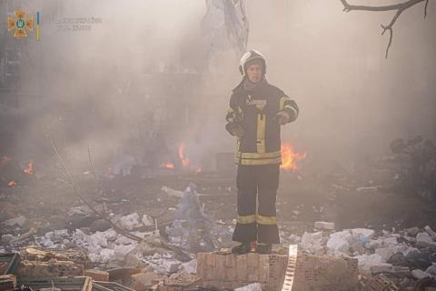 A fire broke out in a residential building in Kyiv's Podilskyi district as a result of a downed missile