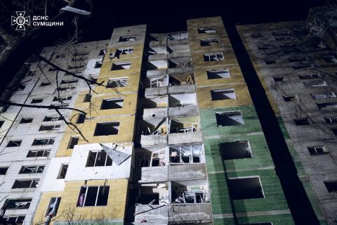 Missile strike on a nine-story building in Sumy.