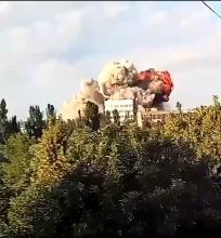 The moment of a direct hit by enemy missiles in the center of Mykolayiv this morning